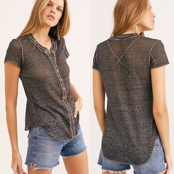 Free People Kia Sheer Henley T-shirt Tee XS Burnout Grunge Goth Lightweight Gray - Picture 2 of 16